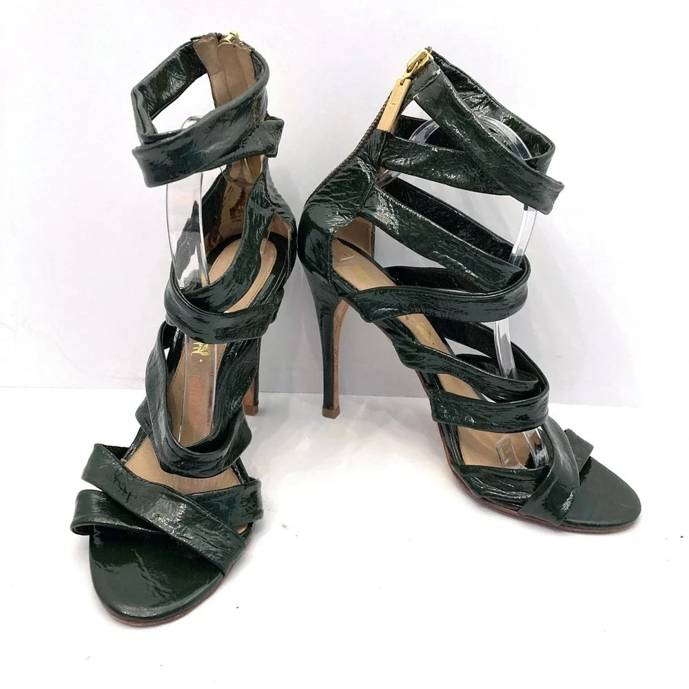 L.A.M.B. Tizzy Heels Green Patent Leather Crisscross Strappy Stiletto Womens 9.5